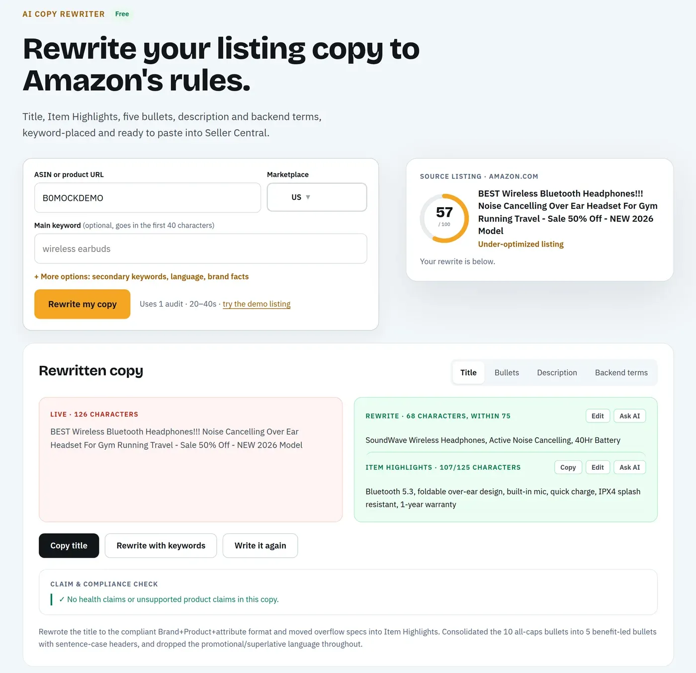 Amazon SEO Ranking AI Copy Rewriter: a 68-character compliant title and Item Highlights rewritten from a 126-character title
