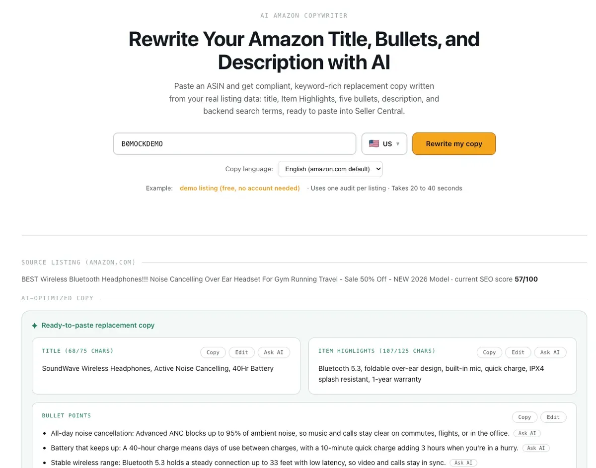 AI Amazon Copywriter rewriting a title, item highlights, and bullet points with amazon keywords worked in, ready to paste into Seller Central