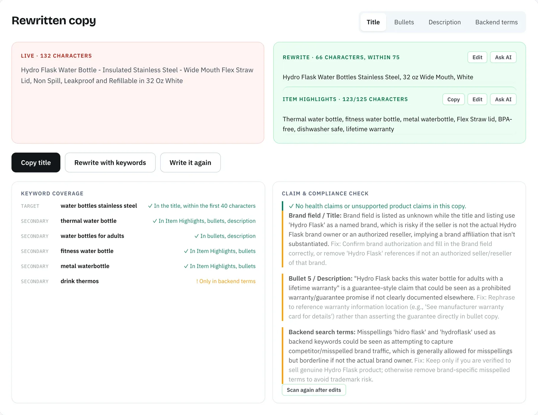 Amazon SEO Ranking AI Copy Rewriter showing keyword coverage for gap keywords and a claim and compliance check