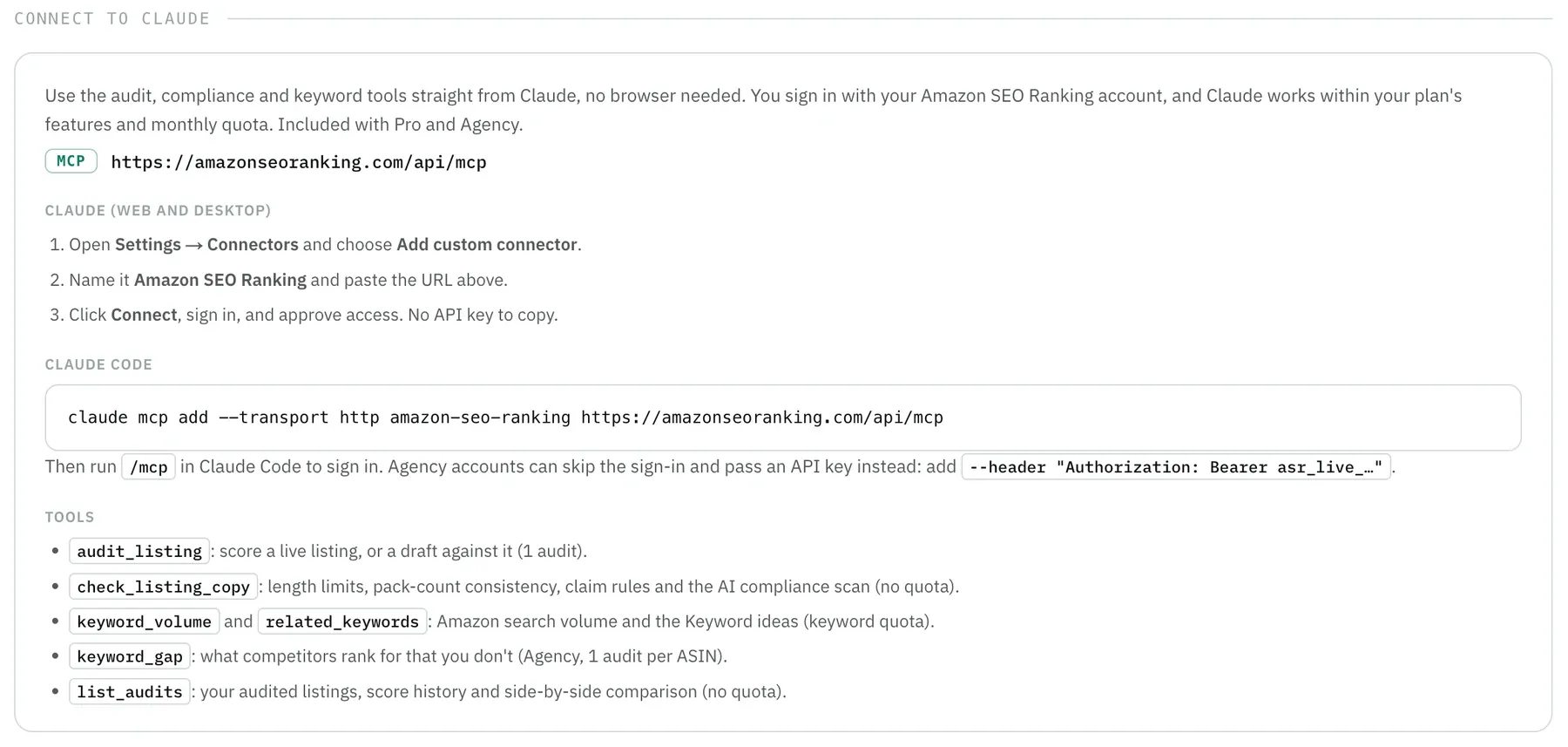 Amazon SEO Ranking Claude connector setup with the keyword_gap tool listed