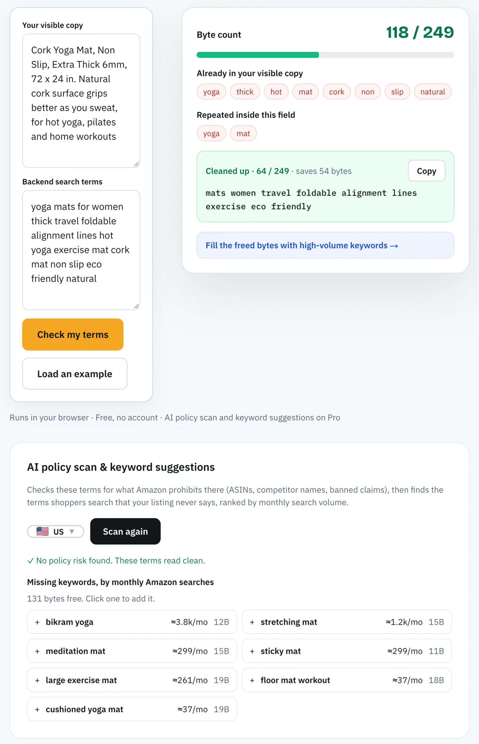 Amazon SEO Ranking Backend Terms Checker cleaning yoga mat backend terms from 118 to 64 bytes and suggesting missing keywords by monthly searches