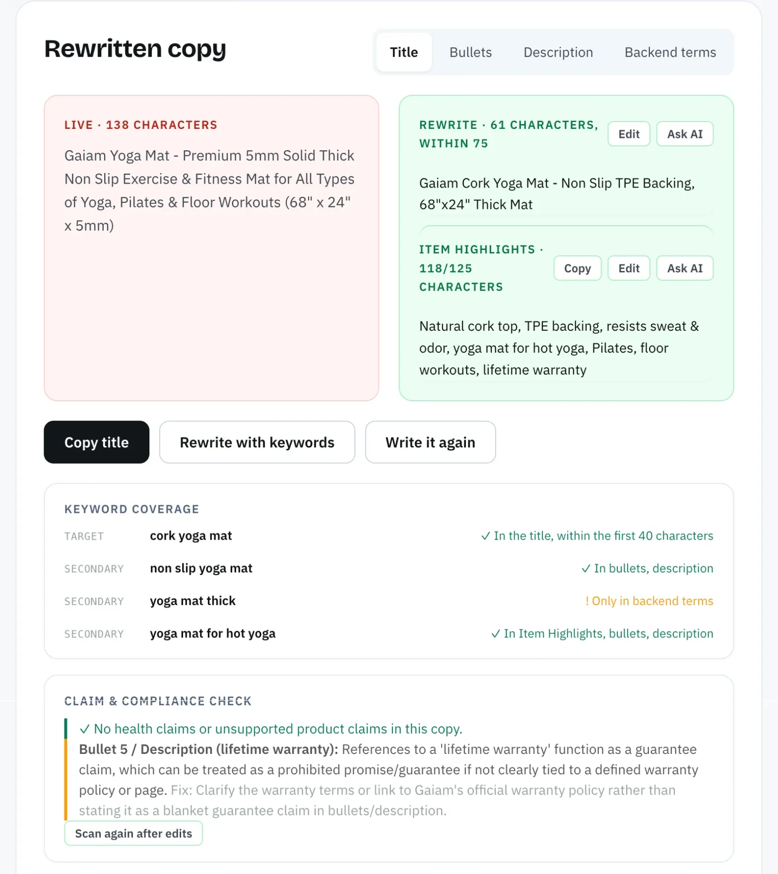 Amazon SEO Ranking AI Copy Rewriter keyword coverage for the target cork yoga mat and three secondary keywords, with the claim and compliance check