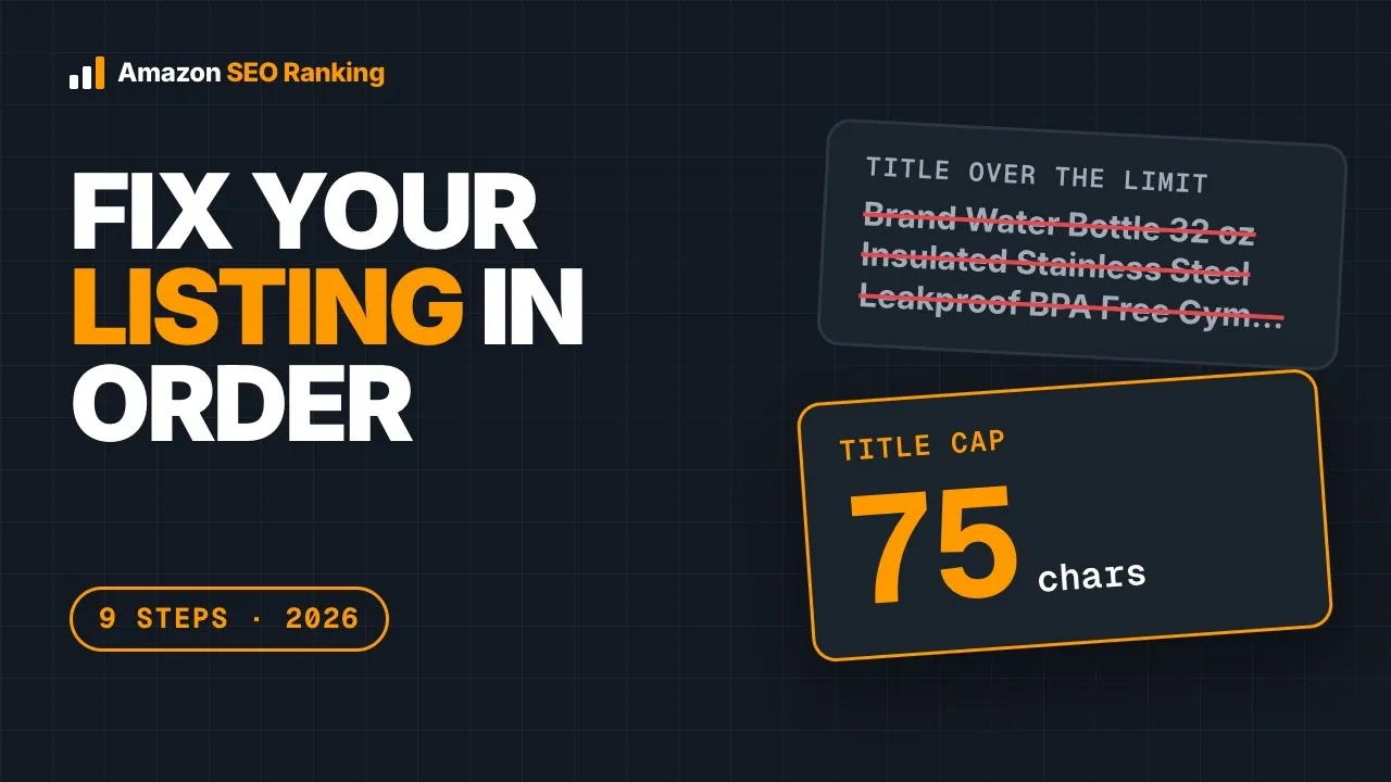 Amazon listing optimization in 2026: fix your listing in order, with a title over the limit struck through and the 75-character title cap