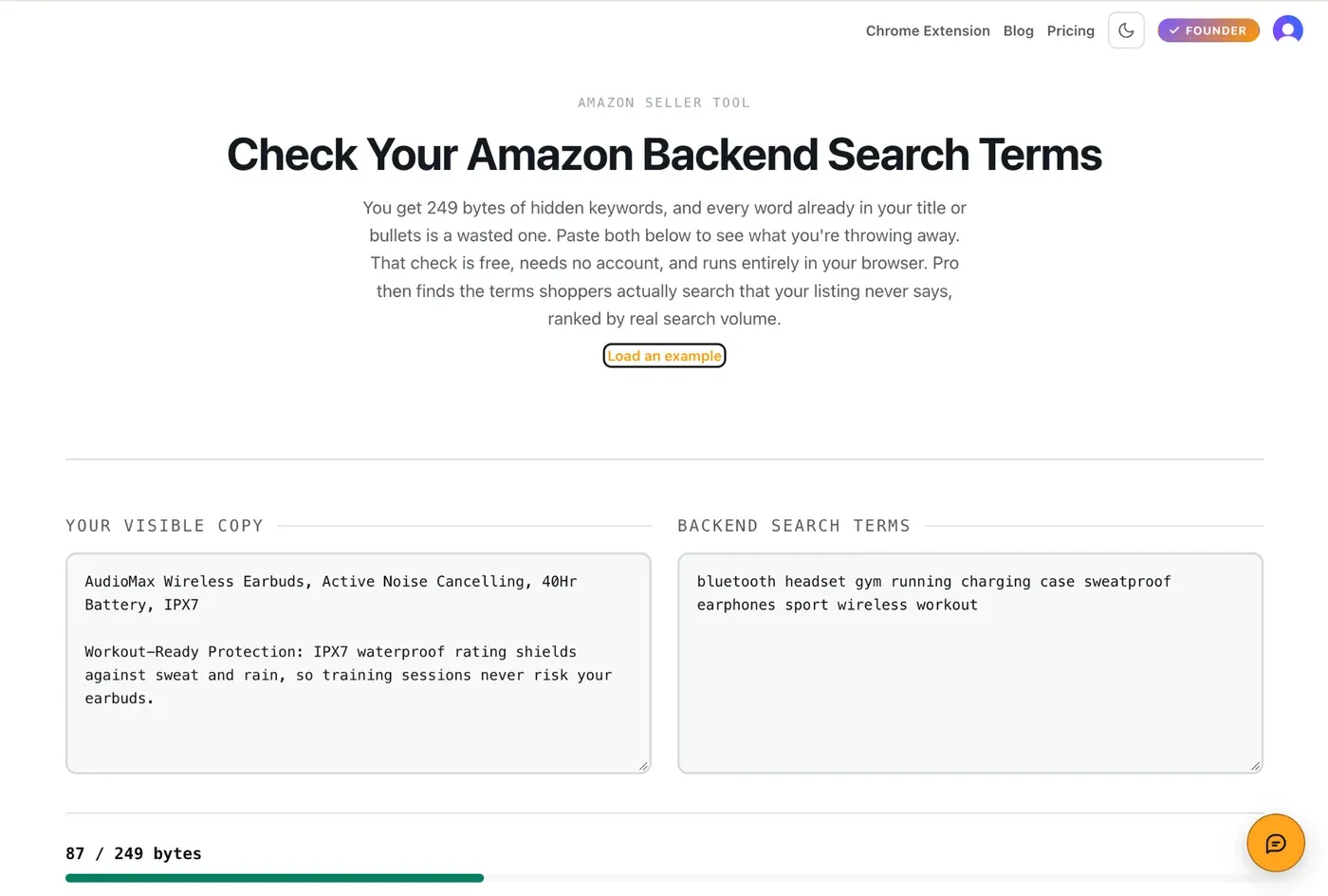 Amazon SEO Ranking backend search terms checker counting bytes against the 249-byte limit