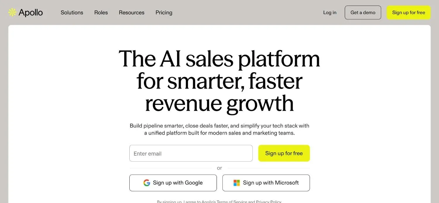 Apollo.io homepage, one of the best email enrichment tools in 2026