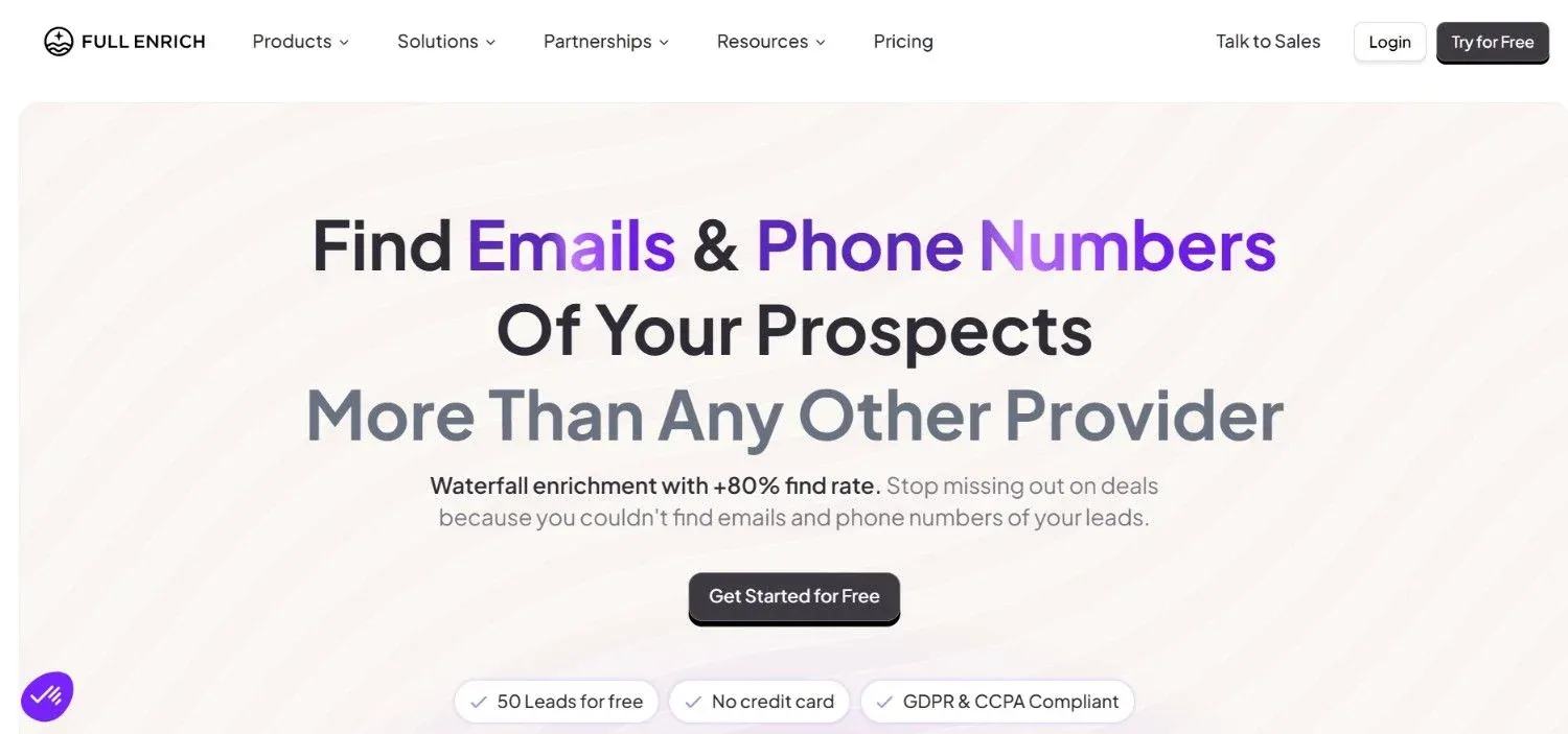 FullEnrich homepage, one of the best email enrichment tools in 2026