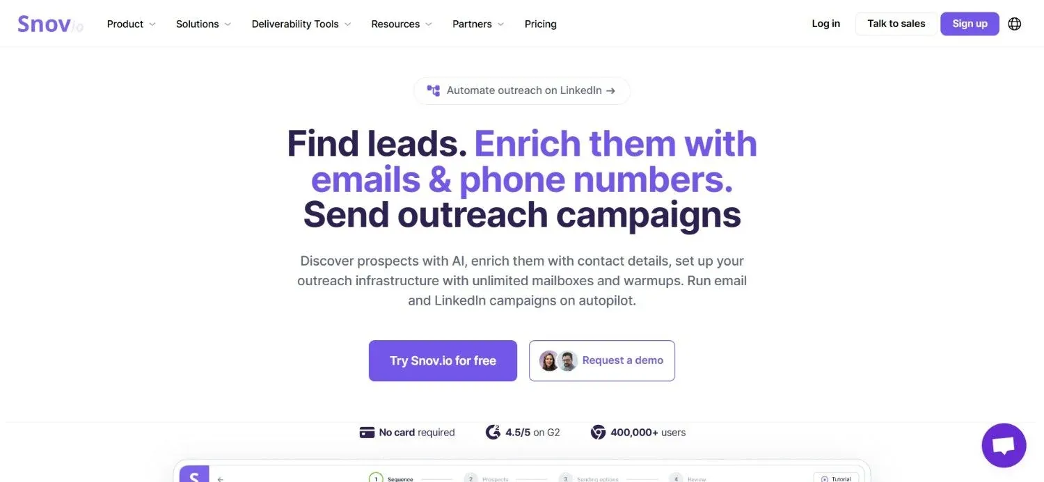 Snov.io homepage, one of the best email enrichment tools in 2026