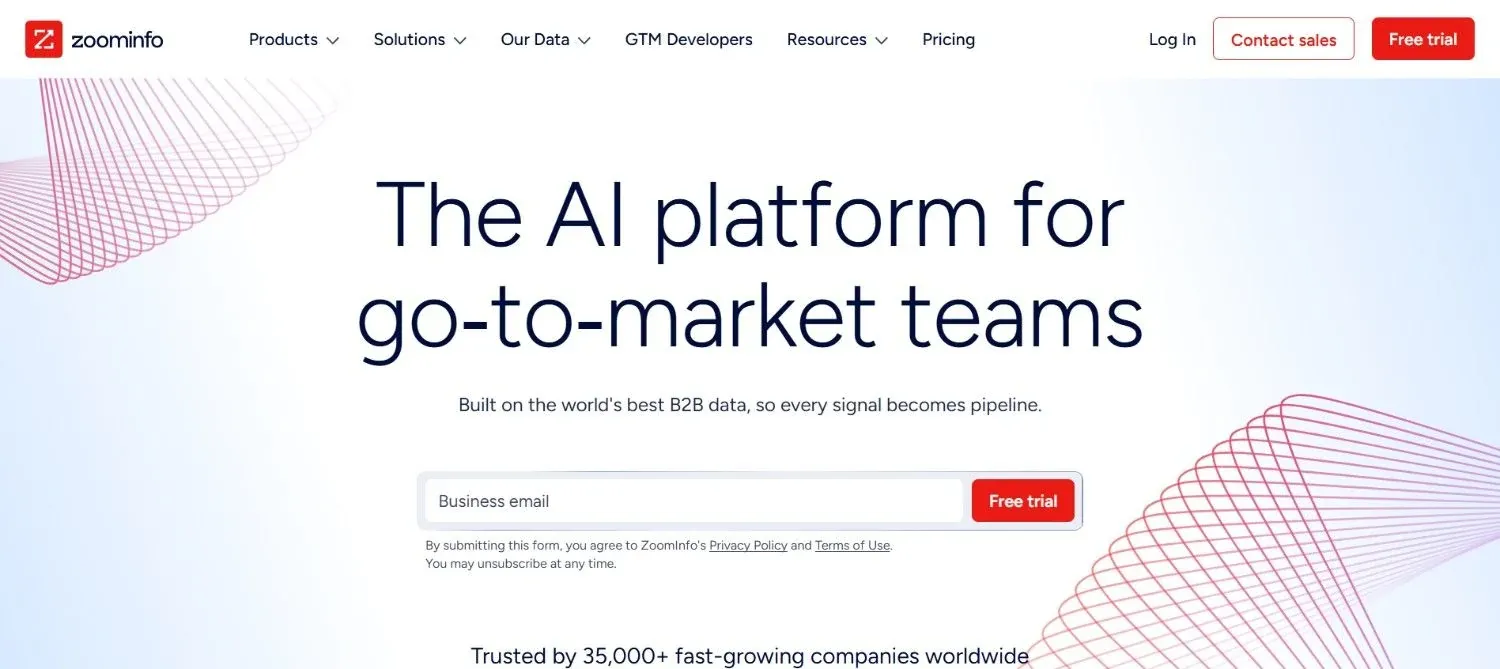 ZoomInfo homepage, one of the best email enrichment tools in 2026
