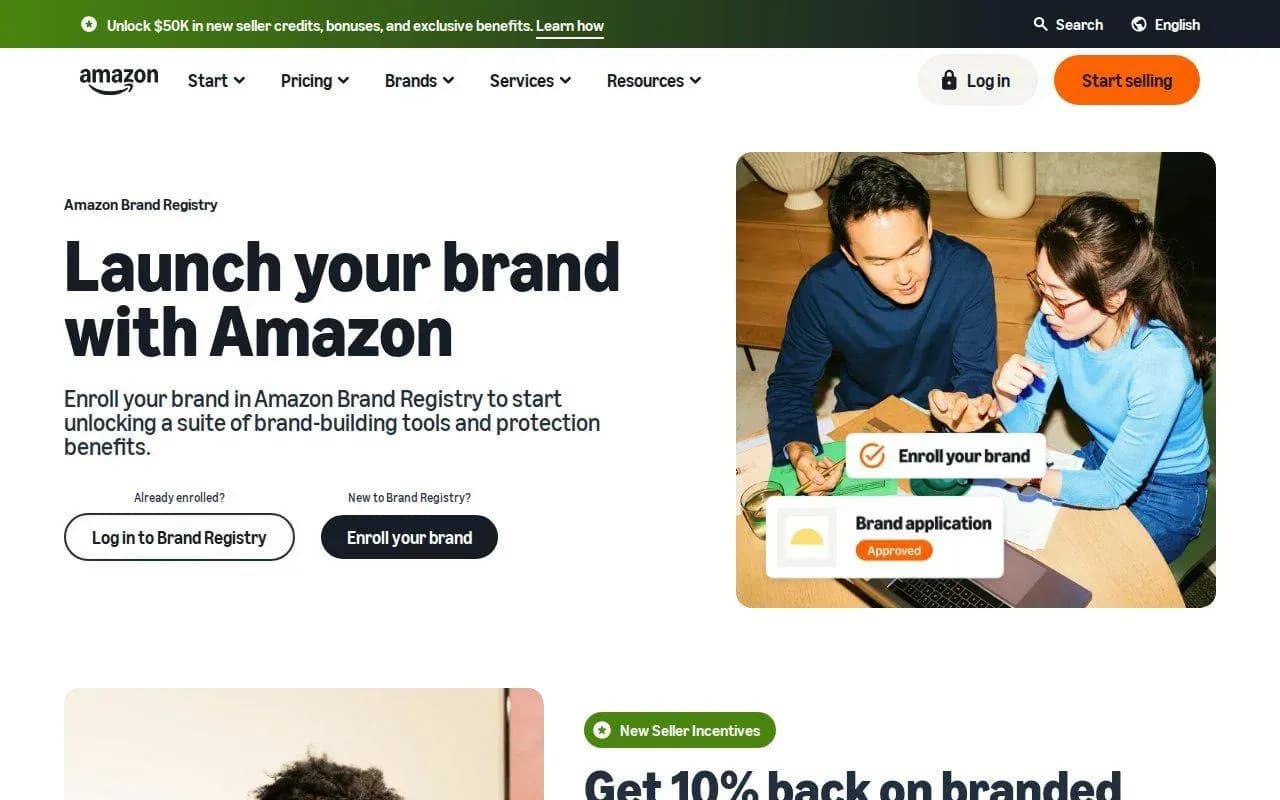 Amazon Brand Registry homepage; Brand Analytics sits behind a Seller Central login