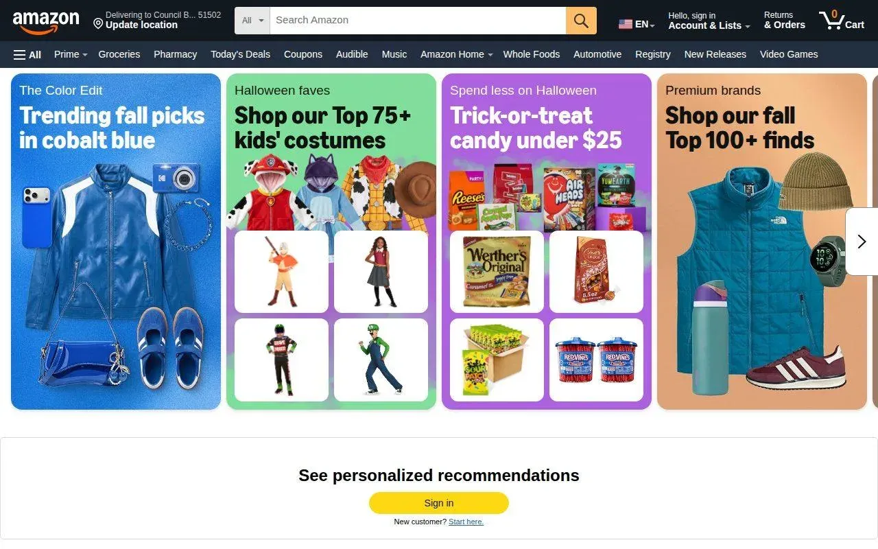 Amazon.com homepage with the search bar used for free keyword autocomplete suggestions