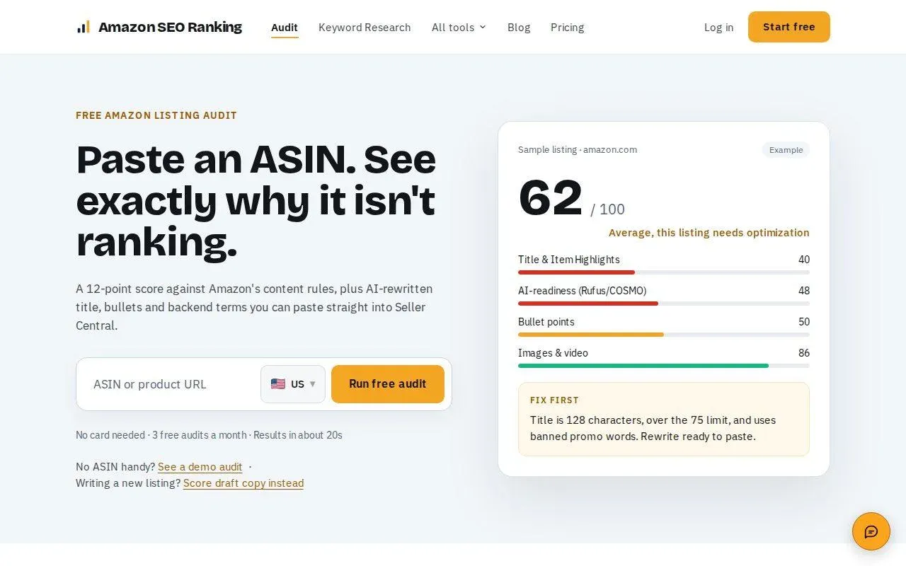 Amazon SEO Ranking homepage with the free ASIN listing audit