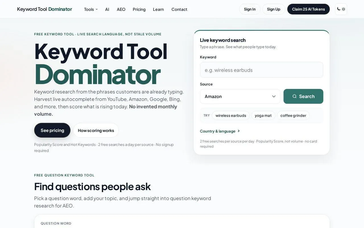 Keyword Tool Dominator homepage with its free Amazon keyword search box