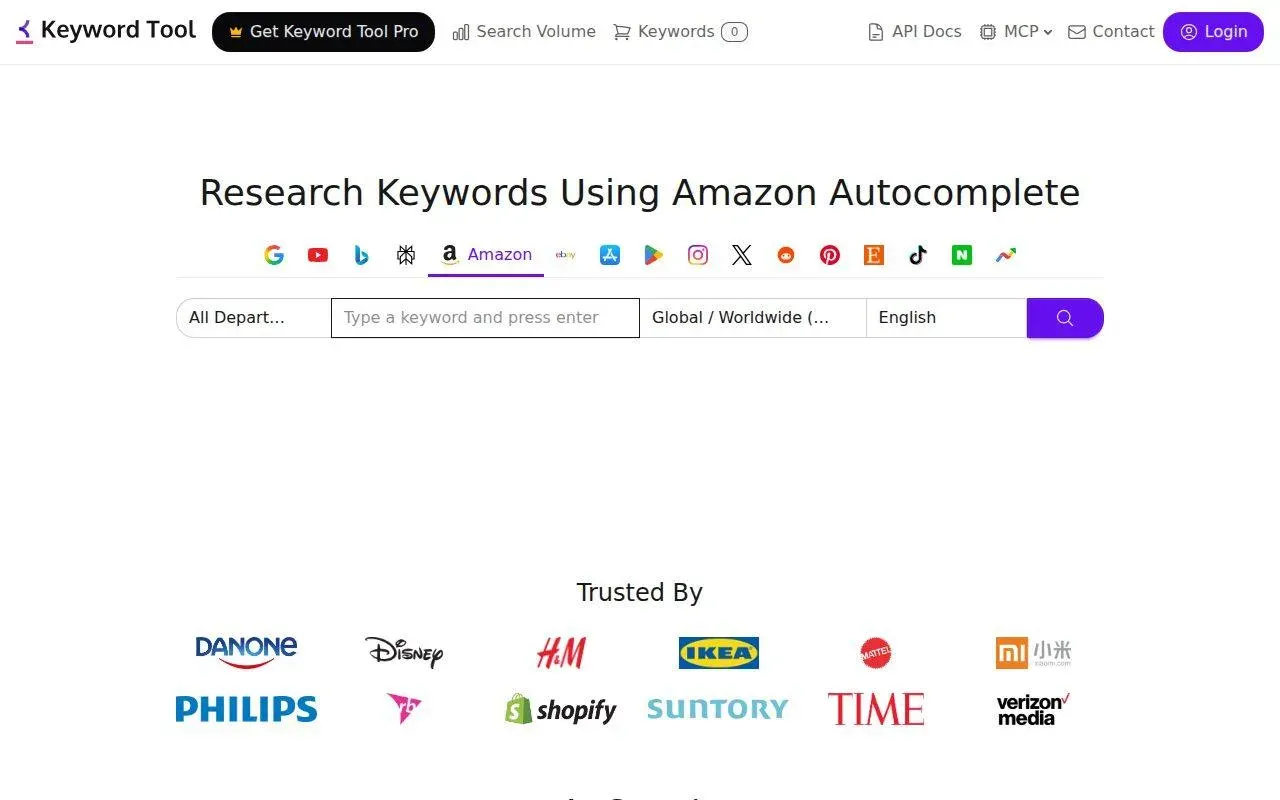 Keywordtool.io Amazon keyword tool page using Amazon autocomplete