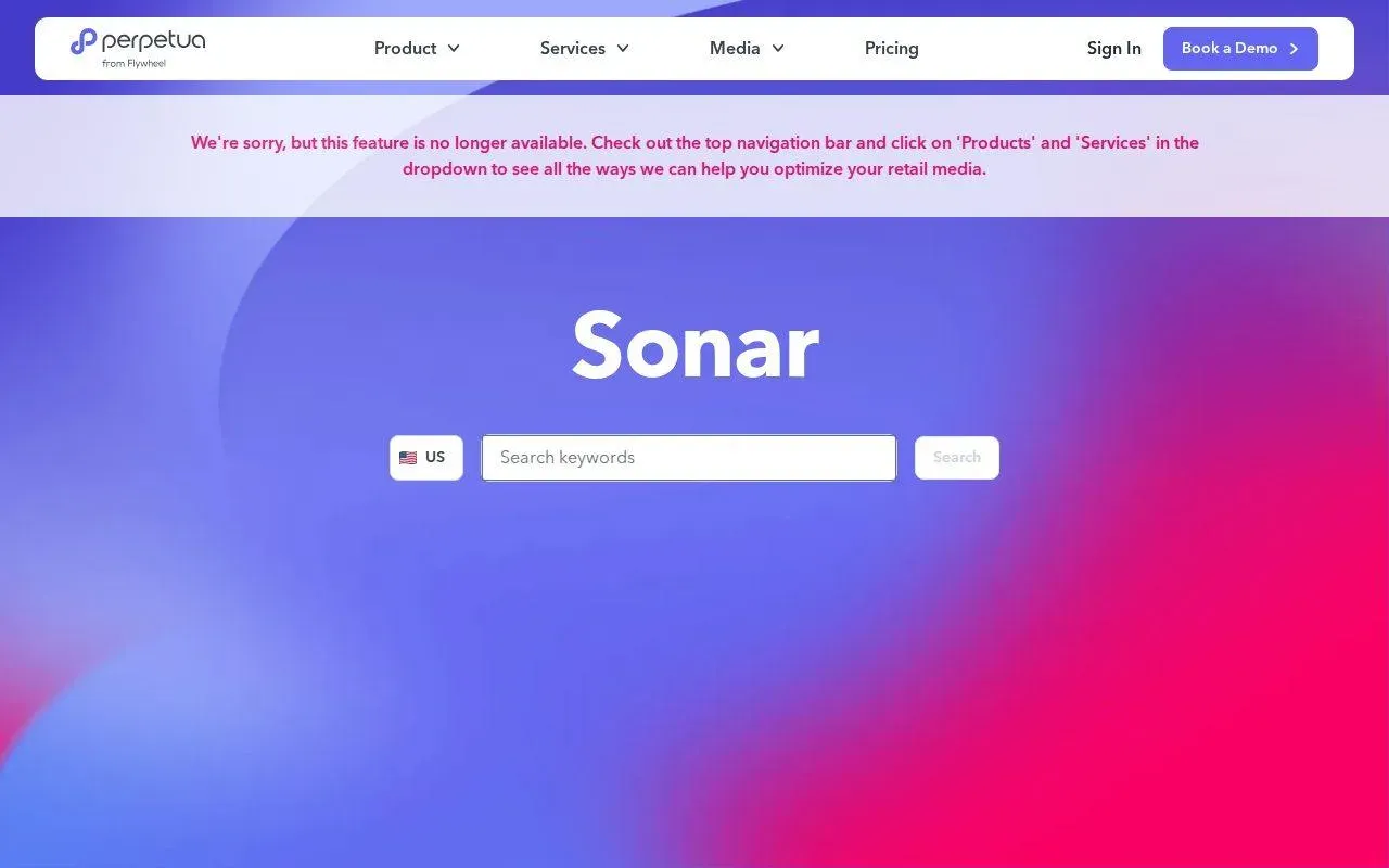 Perpetua Sonar page showing the notice that the feature is no longer available