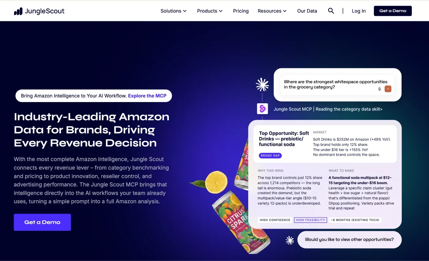 Jungle Scout's homepage, "Industry-Leading Amazon Data for Brands, Driving Every Revenue Decision," showing its MCP-powered whitespace-opportunity finder