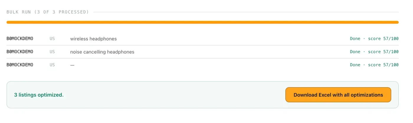 Amazon SEO Ranking's Bulk Optimization tool processing 3 listings, each scored and ready to export