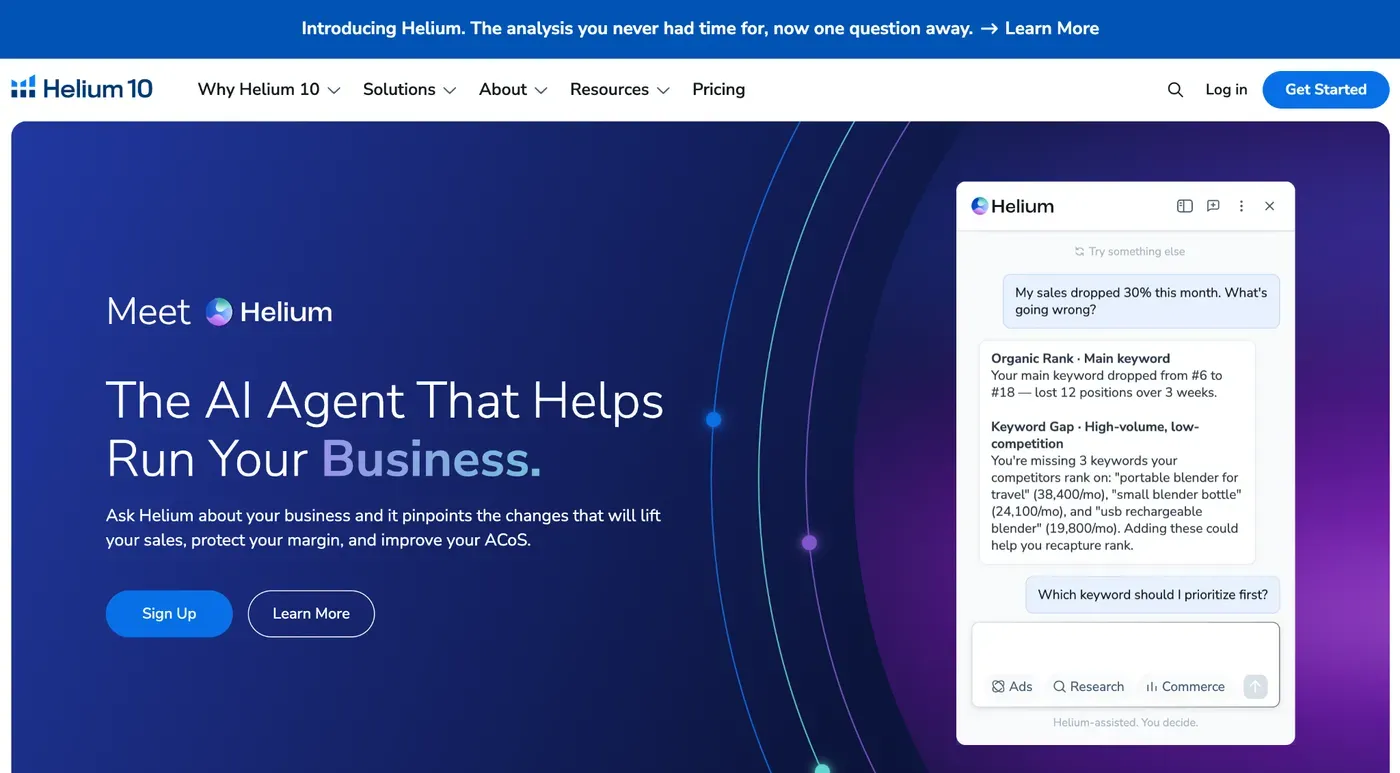 Helium 10's homepage introducing Helium, its AI agent for pinpointing sales and ranking changes