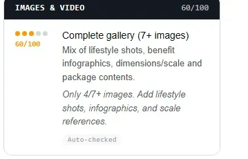 Amazon SEO Ranking's Images & Video criterion scoring a listing 60/100 for having only 4 of the recommended 7+ images, flagging missing lifestyle shots and infographics