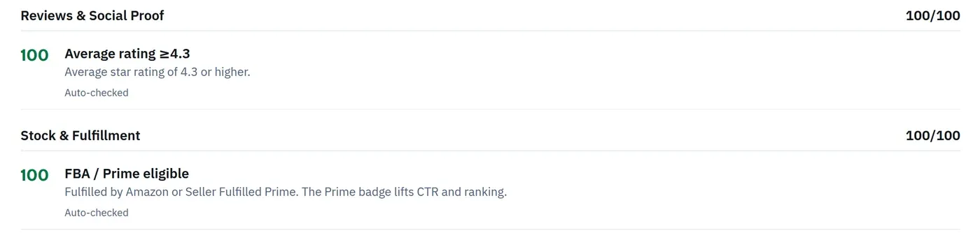 Amazon SEO Ranking audit: Reviews & Social Proof and Stock & Fulfillment criteria, both auto-checked