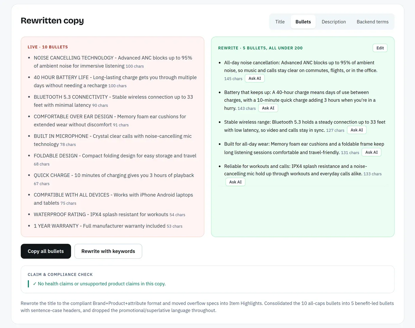 Amazon SEO Ranking rewritten bullets beside the live ones, with character counts and a claim and compliance check