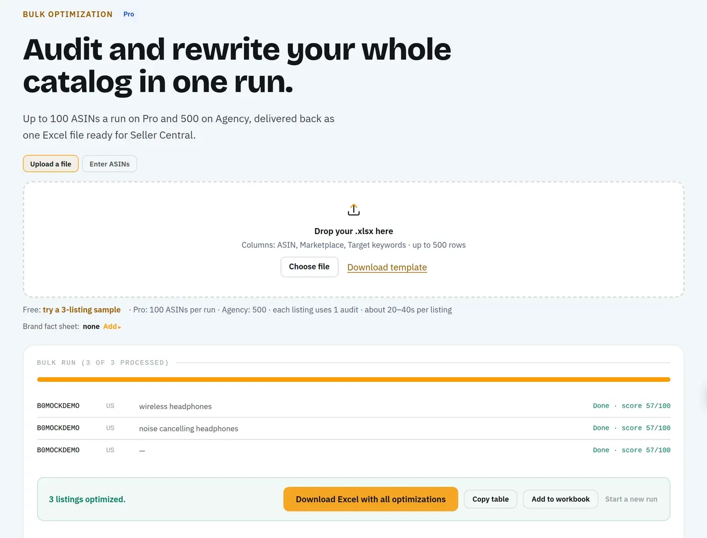 Amazon SEO Ranking Bulk Optimization: 3 sample listings audited and rewritten, ready to download as one Excel file