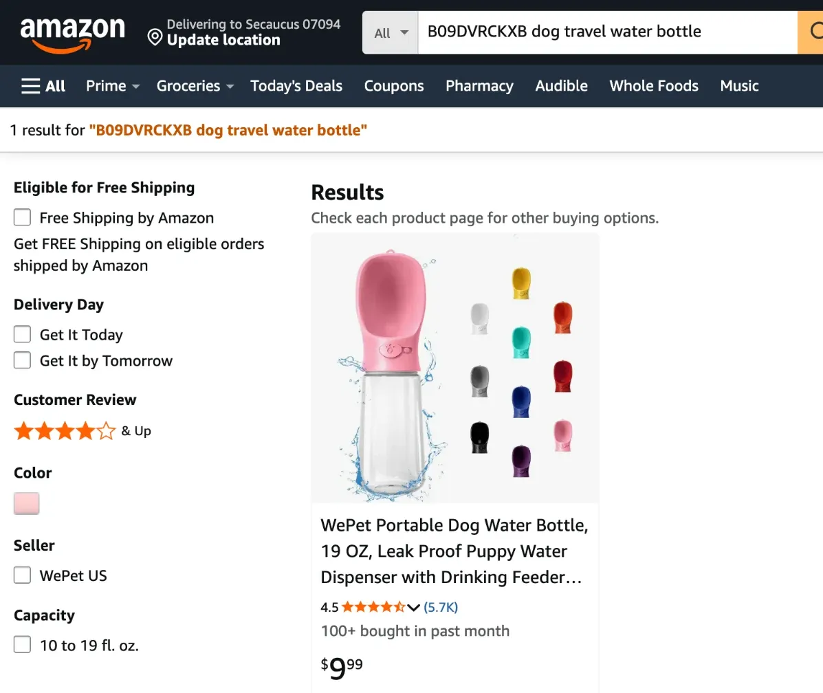 Manual Amazon index check: searching amazon.com for ASIN B09DVRCKXB plus dog travel water bottle returns 1 result, the WePet portable dog water bottle, so the listing is indexed for that phrase