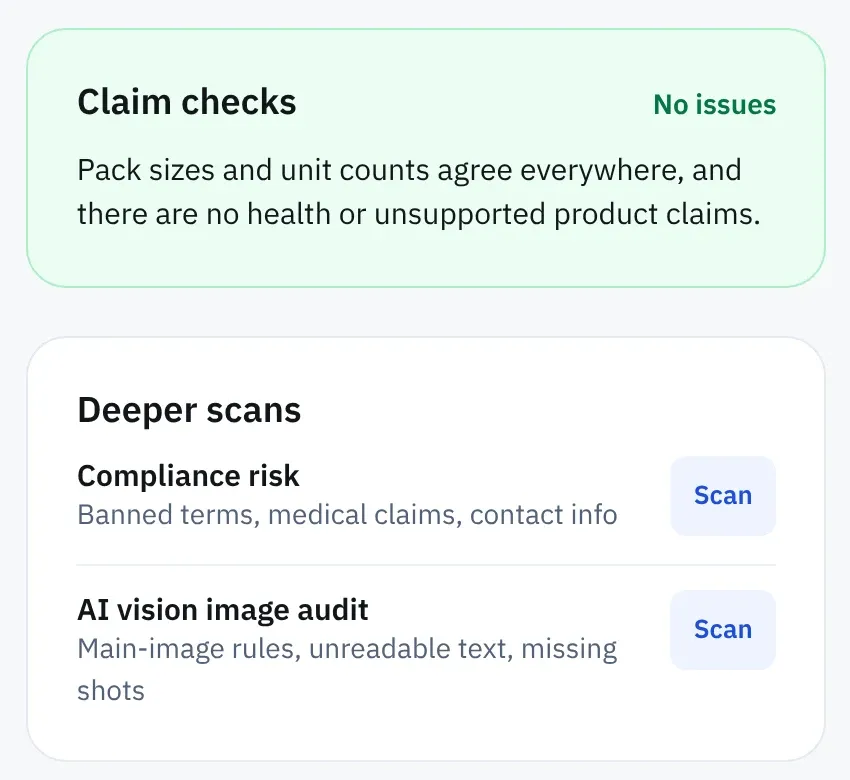 Amazon SEO Ranking claim checks confirming pack sizes and unit counts agree across the listing, with no health or unsupported claims