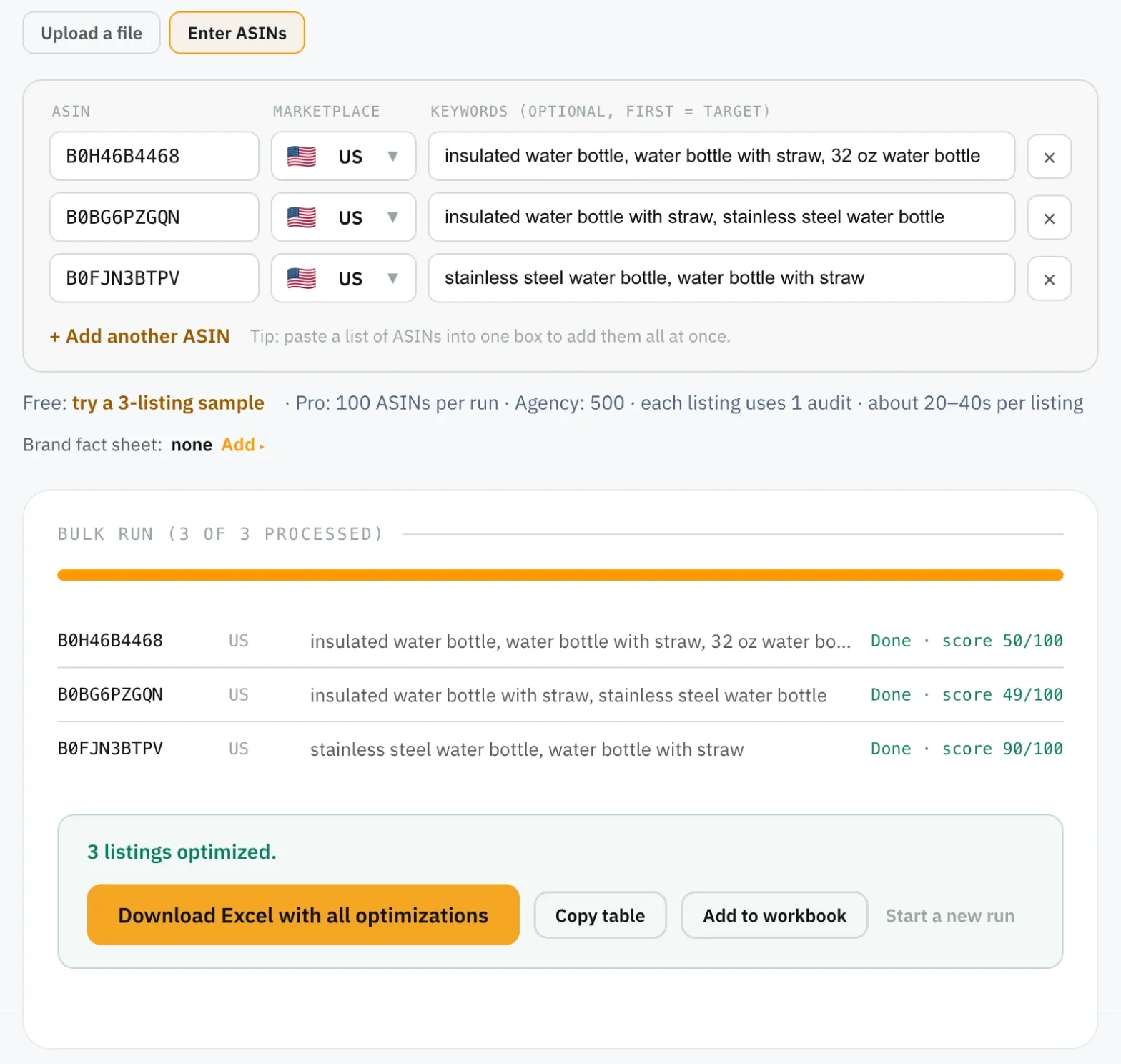 Amazon SEO Ranking Bulk Optimization run on three water bottle ASINs with target keywords, all done with scores of 50, 49 and 90