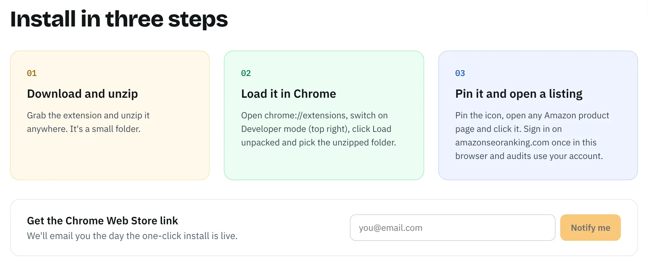 Installing the Amazon SEO Ranking Chrome extension in three steps: download and unzip, load it unpacked in chrome://extensions with Developer mode on, then pin it and open an Amazon listing