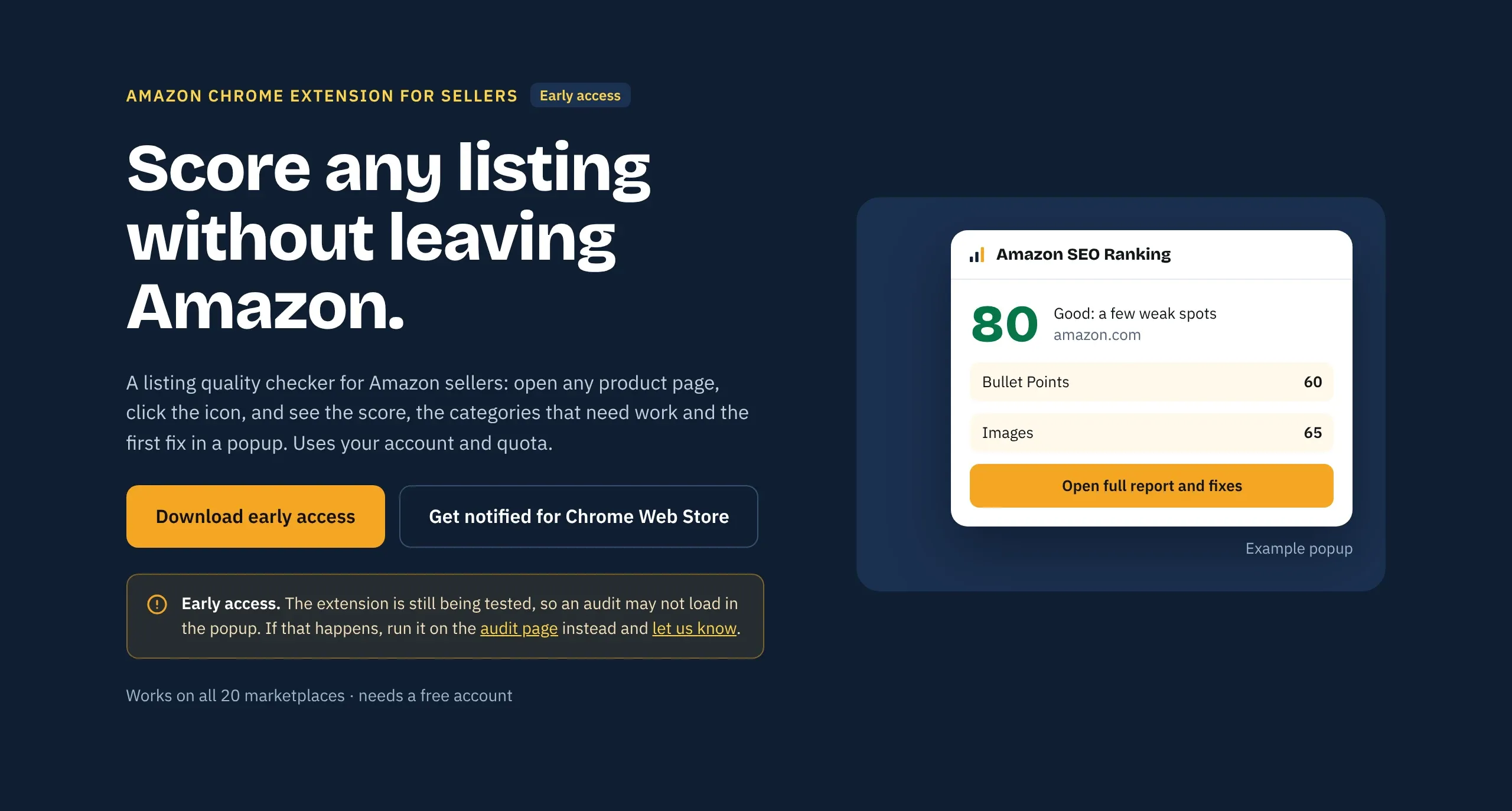 Amazon SEO Ranking Chrome extension for sellers in early access, with an example popup scoring a listing 80 out of 100 and showing Bullet Points at 60 and Images at 65, working on all 20 Amazon marketplaces with a free account