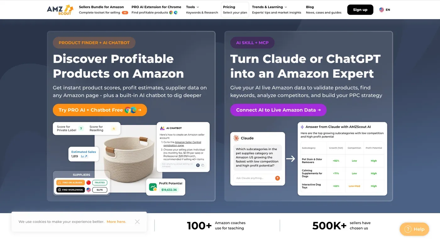 AMZScout homepage promoting its PRO AI Extension with chatbot and its AI Skill + MCP connector for Claude and ChatGPT