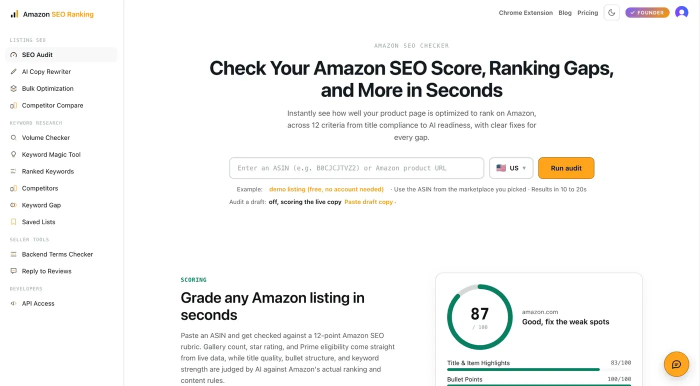 Amazon SEO Ranking homepage with the ASIN audit box, a draft-audit option and a demo listing scored 87/100