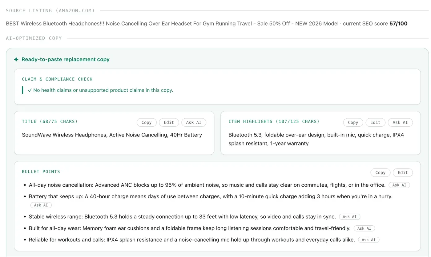 Amazon SEO Ranking AI Copy Rewriter output with a passed claim and compliance check above the rewritten title, Item Highlights and bullets