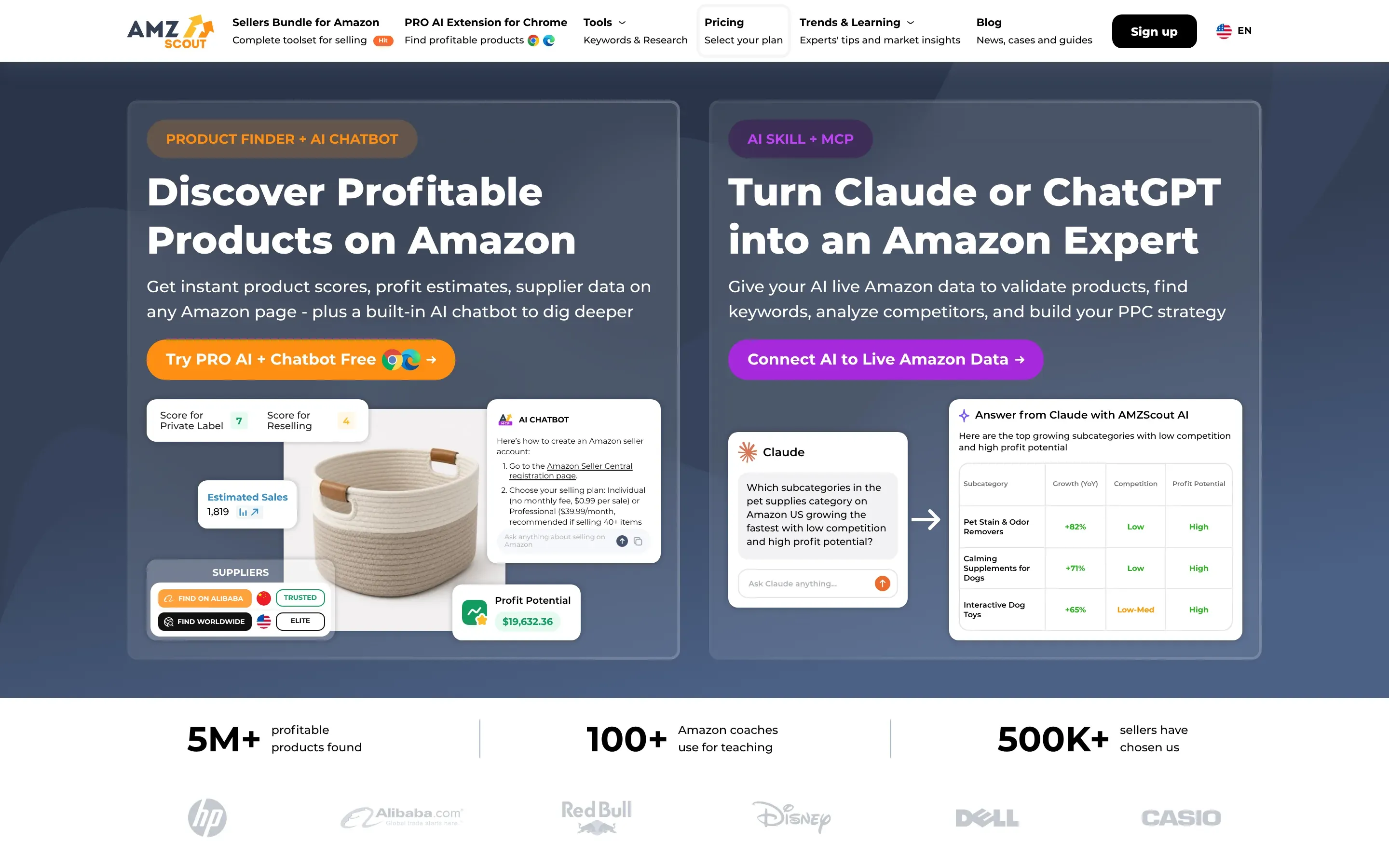 AMZScout homepage with its product finder and AI chatbot for Amazon research