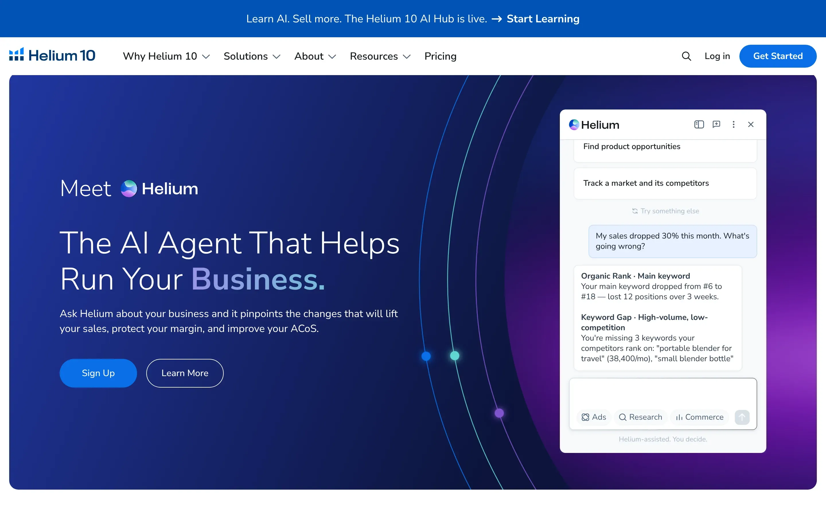 Helium 10 homepage introducing its Helium AI agent for Amazon sellers
