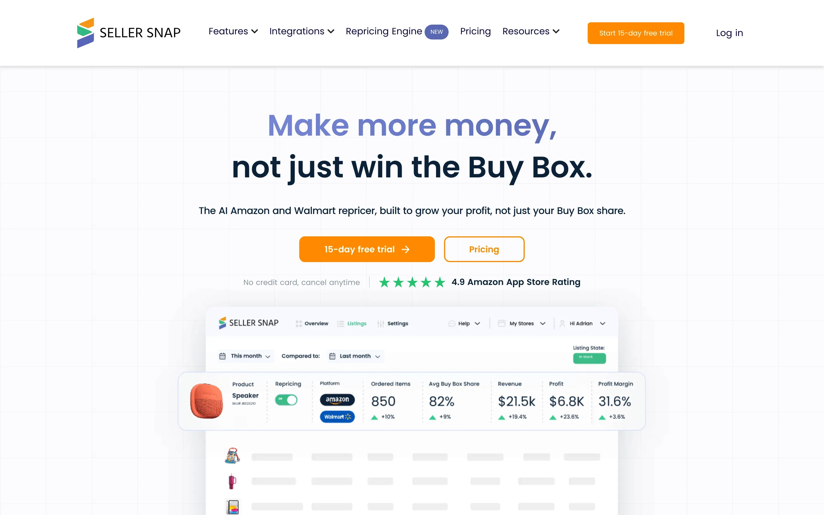 Seller Snap homepage for AI repricing on Amazon and Walmart