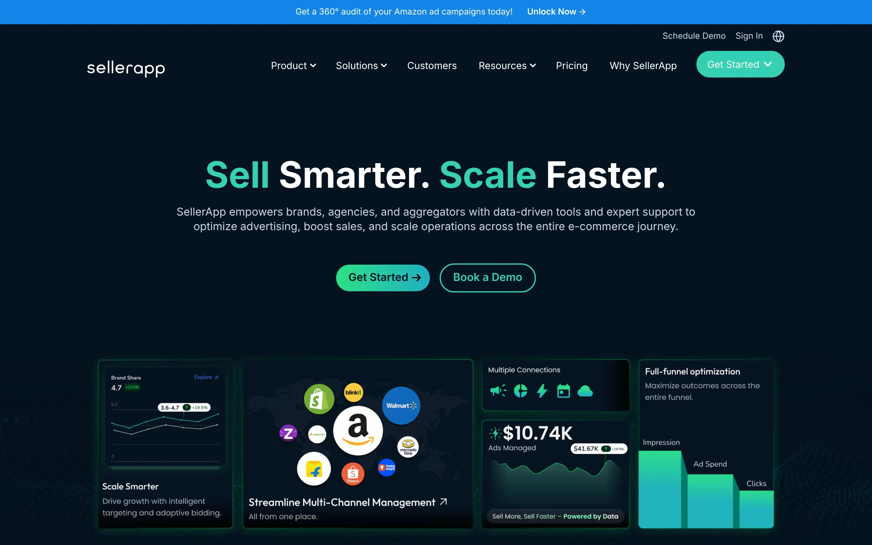 SellerApp homepage for Amazon advertising, analytics and managed services