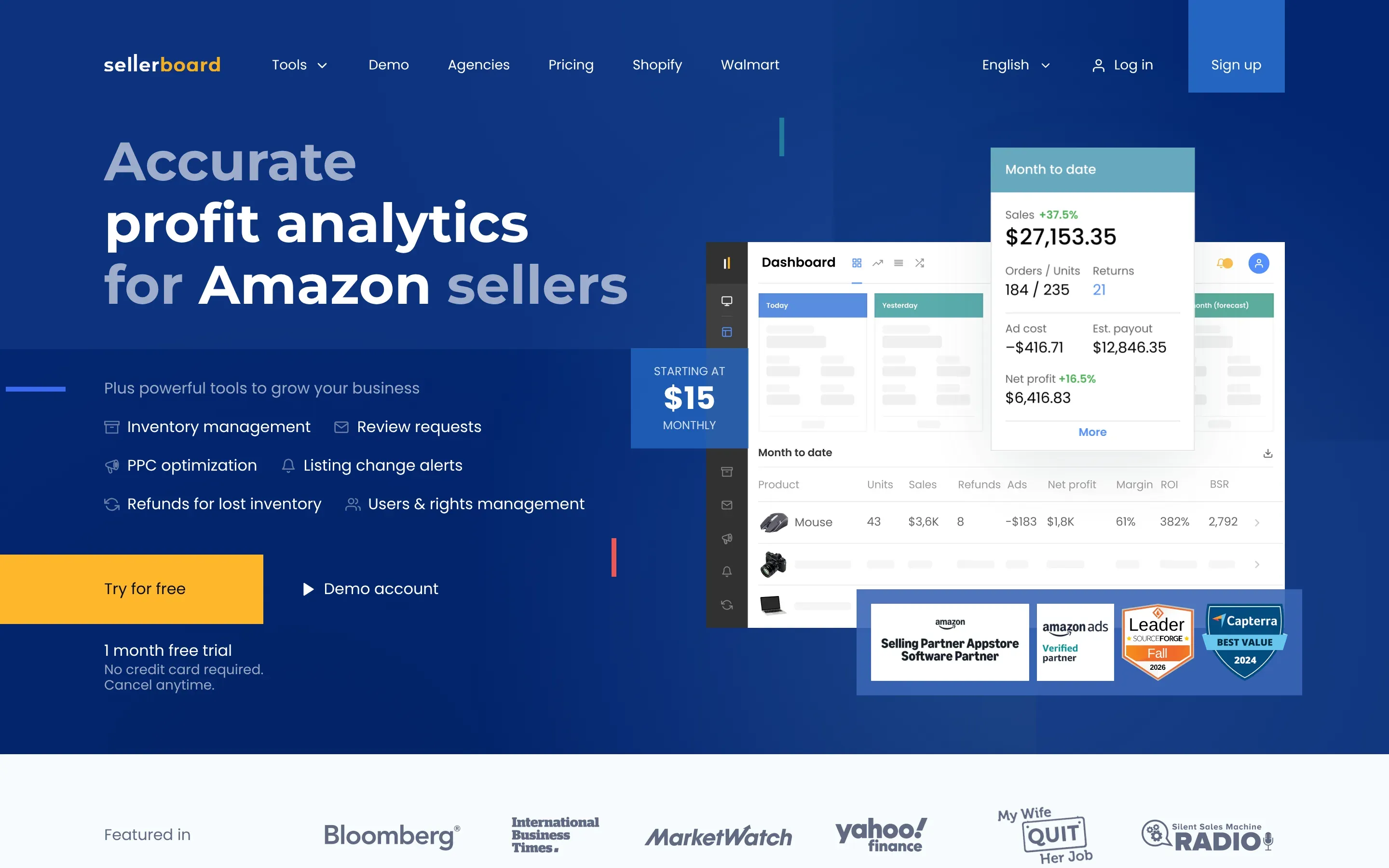 Sellerboard homepage with its Amazon profit analytics dashboard