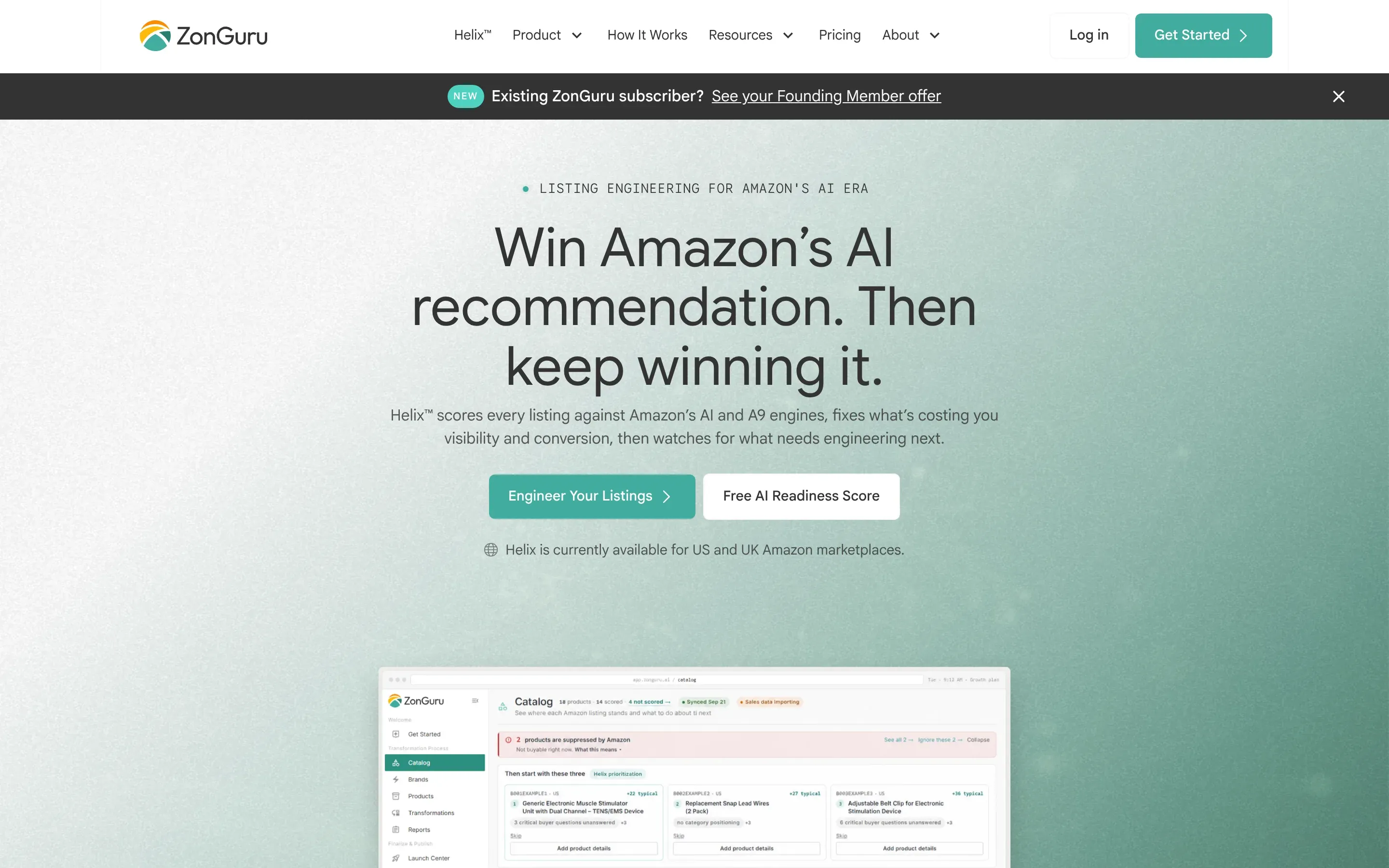 ZonGuru homepage for Helix listing engineering on Amazon