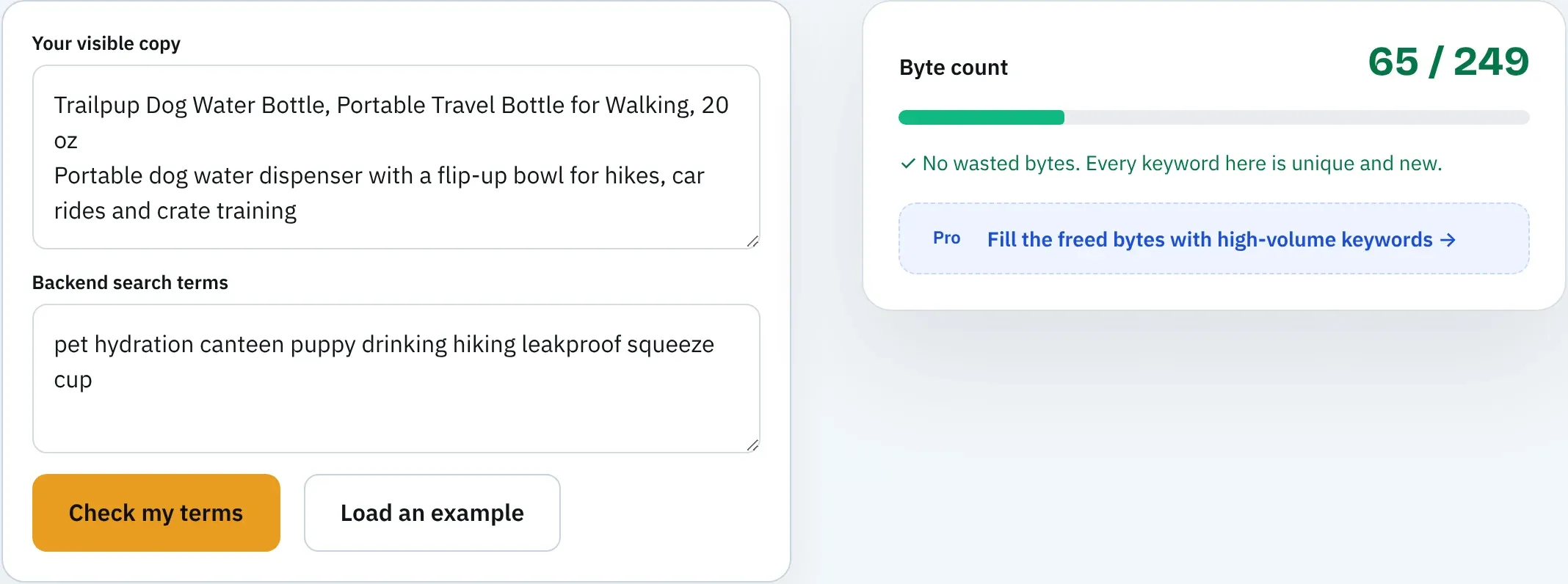Free Amazon backend keywords checker showing a dog water bottle backend line at 65 of 249 bytes with no wasted bytes and no words repeated from the title or Item Highlights