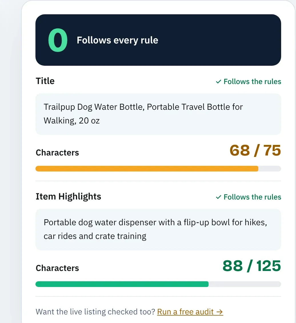 Free Amazon character limit checker passing a dog water bottle title at 68 of 75 characters and Item Highlights at 88 of 125 characters with no rules broken