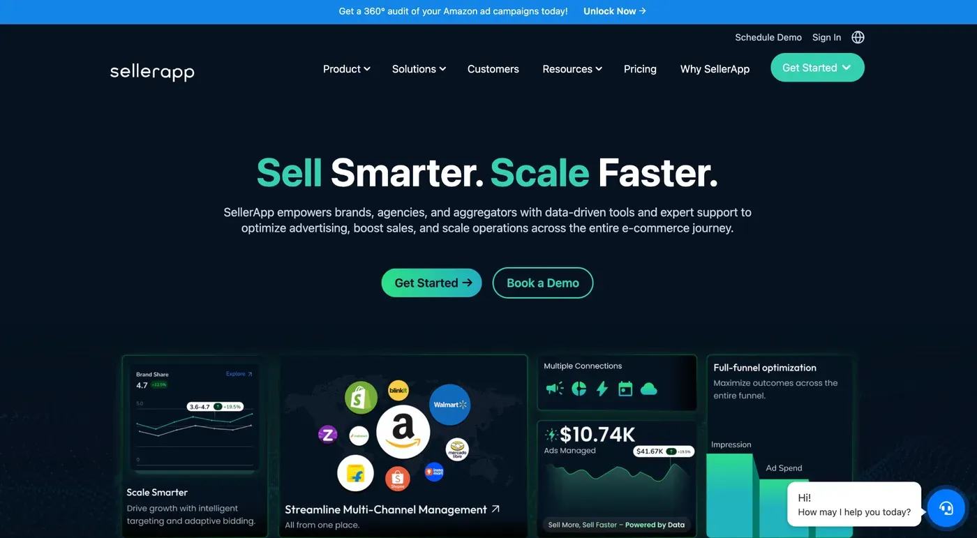 SellerApp's homepage: "Sell Smarter. Scale Faster," showing brand-share tracking, multi-channel management, ad spend, and full-funnel optimization widgets