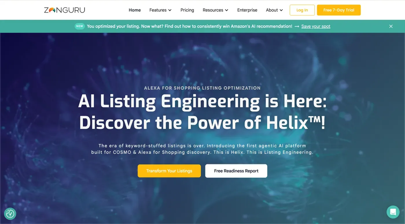 ZonGuru's homepage, "AI Listing Engineering is Here: Discover the Power of Helix" – its agentic AI platform for COSMO and Alexa for Shopping discovery
